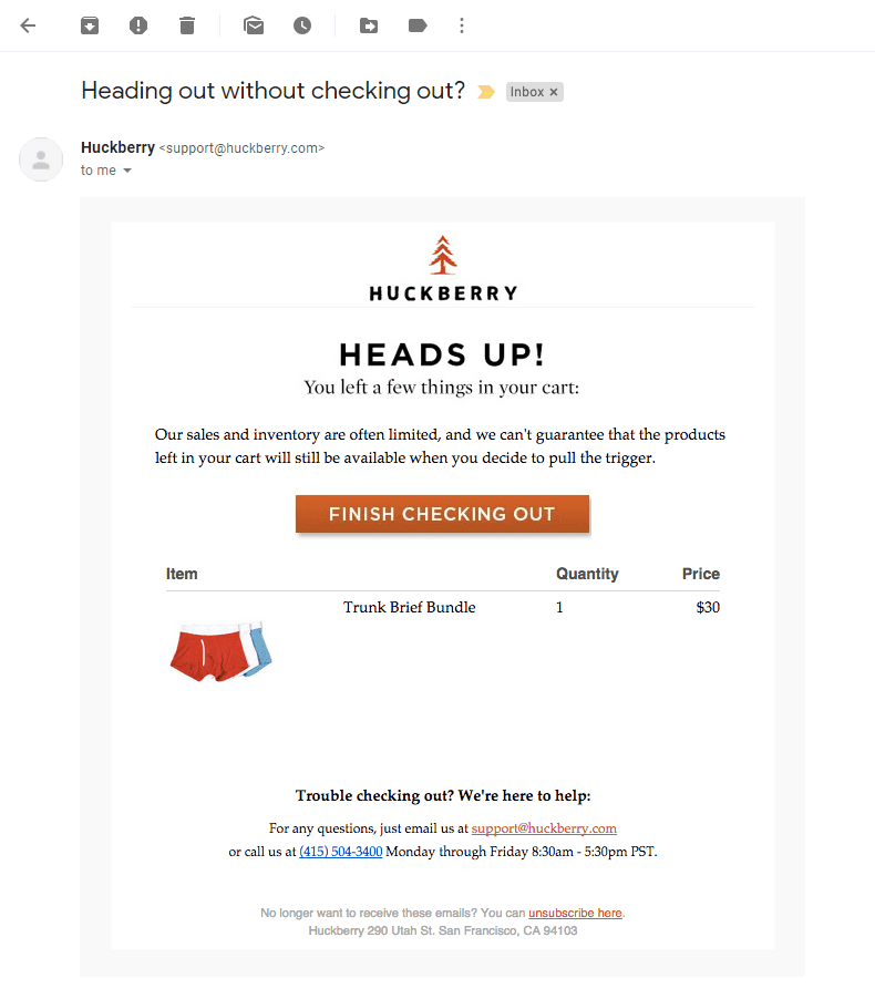 Huckeberry abandoned cart email marketing strategy